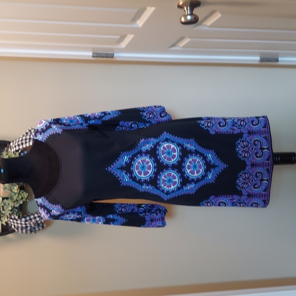 EUC INC knit dress black with shades of purple and blue size medium